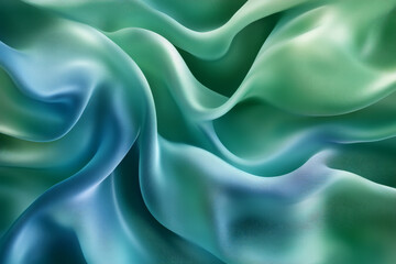Obraz premium A serene abstract background with silky, 3D wave patterns in gradient tones of green to blue. The fabric has a smooth, tranquil appearance, with gentle curves.