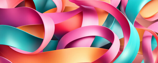 A vibrant 3D scene with multicolored twisted ribbons in shades of pink, turquoise, and orange. The ribbons flow dynamically, adding a playful, energetic feel.