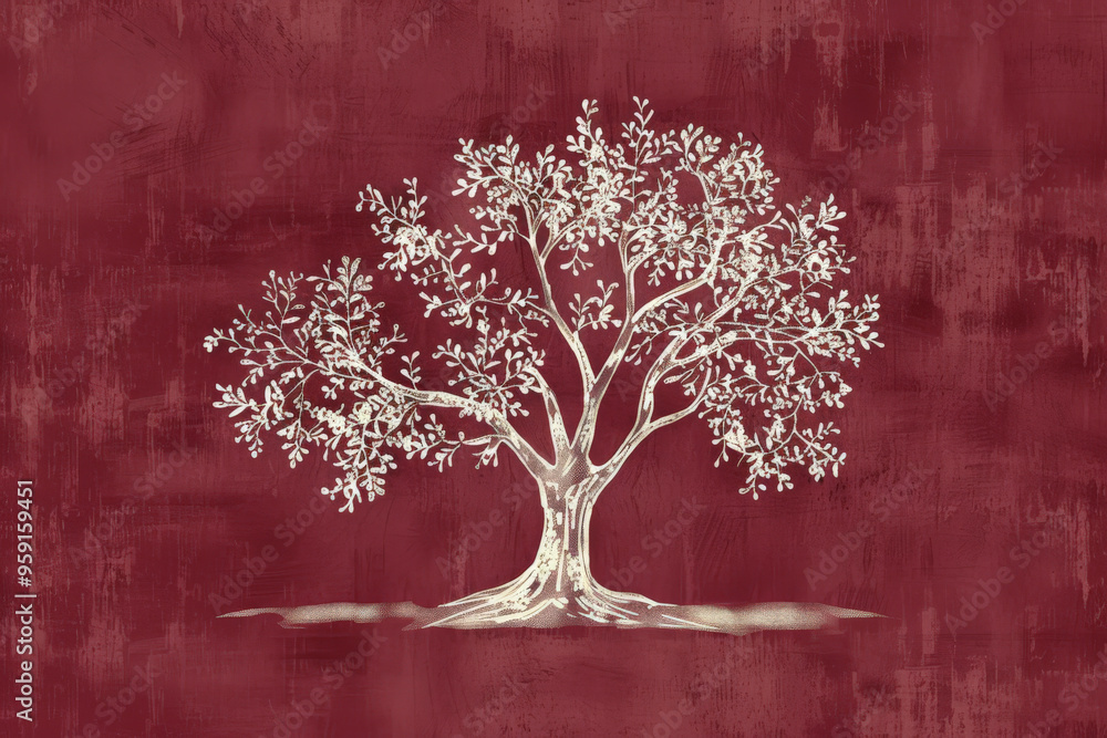Poster a simple white line drawing on a cranberry background of a tree with thick branches. the deep color 