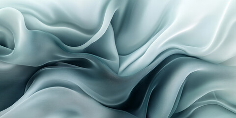 Fototapeta premium A modern abstract background with flowing 3D silk fabric in gradient shades of teal to soft grey. The fabricâ€™s smooth waves add a contemporary, calming touch.