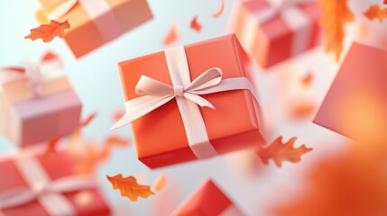 Gift boxes floating amidst autumn leaves in a warm, glowing atmosphere.