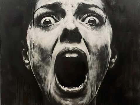 A close-up black and white portrait of a woman screaming with her mouth wide open and her eyes wide with fear.