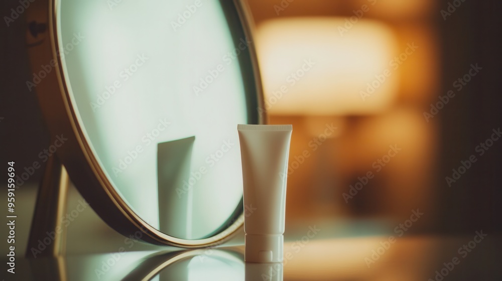Poster a tube of cream stands beside a mirror, reflecting the gentle illumination of a lamp in a cozy eveni