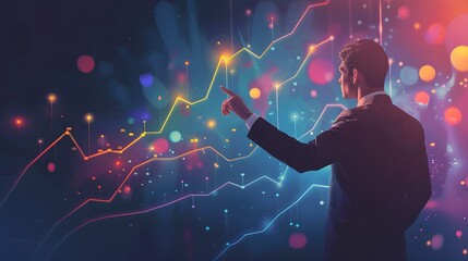 Businessman hand pointing at virtual screen with growth graph chart and rising line of stock market or financial data, global business concept on dark background