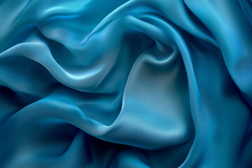 Fototapeta premium An abstract background featuring 3D wave-like silk fabric in a gradient of deep blue to light turquoise. The fabric flows smoothly, creating a sense of elegance and fluidity.