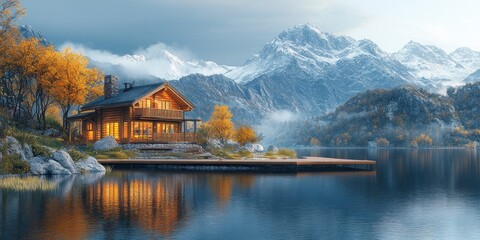 Fototapeta premium Illuminated Log Cabin by a Lake in a Mountainous Landscape