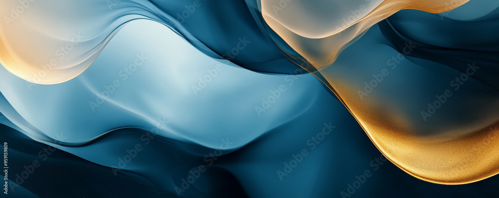 Poster a stylish abstract background with flowing shapes in muted blue and gold. the design features a high