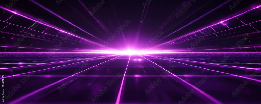 Poster sleek modern web design backdrop featuring a dark, matte background with glowing, neon purple lines 