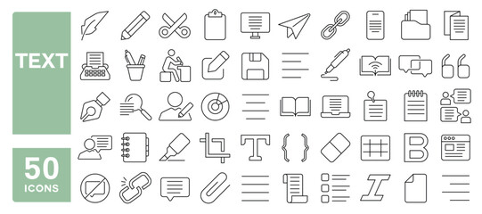 Set of 50 line icons related to text, writing, review, article, chat, communication, pen, write, pencil, note, edit, document, Editable stroke. Vector illustration