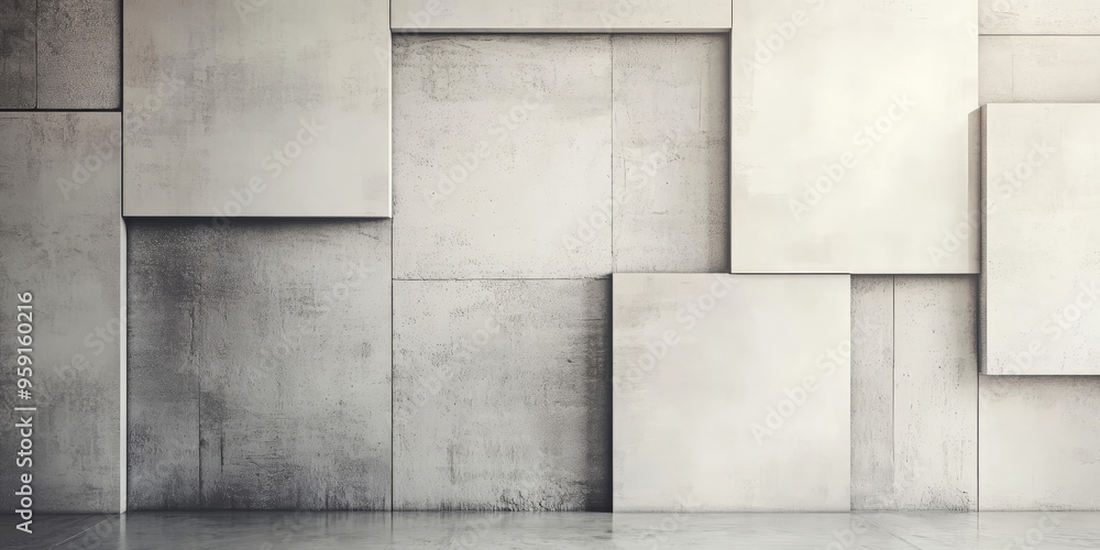 Poster a minimalist background with light color blocks in soft gray and white. the design features a sleek,