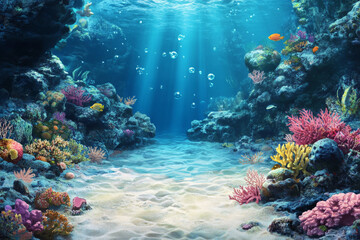 Naklejka premium The ocean bottom scene with a mix of sand and rocky outcrops, where corals and sponges cling to the surfaces. Tiny bubbles rise from the seabed, and schools of fish swim through the clear, blue water,