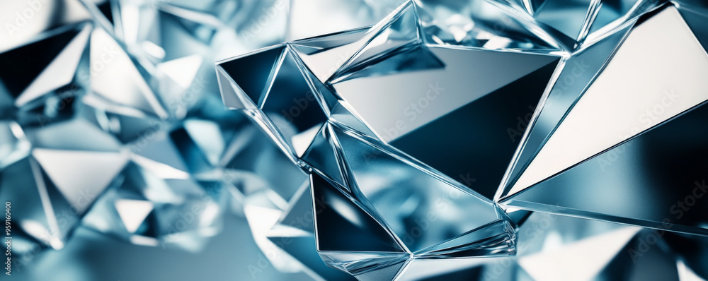 Poster a futuristic 3d abstract background with floating, angular prisms in various shades of silver and bl