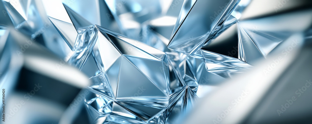 Poster a futuristic 3d abstract background with floating, angular prisms in various shades of silver and bl