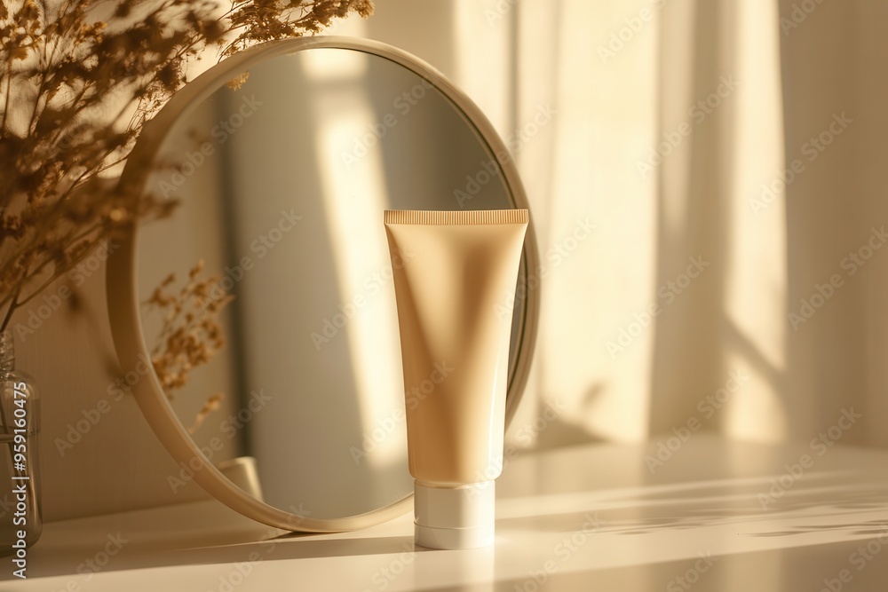 Aufkleber a tube of cream stands on a white surface, reflecting beautifully in a round mirror. soft light enha