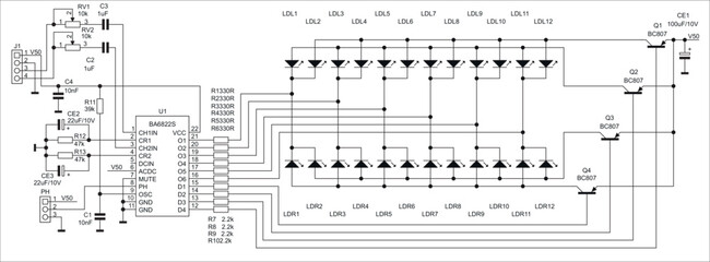 Schematic diagram of electronic device on white sheet of paper.
Vector drawing electrical circuit with led indicator, 
integrated circuit, connector, 
capacitor, resistor, transistor, other components
