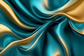 Fototapeta premium A chic abstract background with 3D wave gradients of silk fabric in shades of teal and gold. The fabricâ€™s smooth texture and rich colors create a luxurious atmosphere.