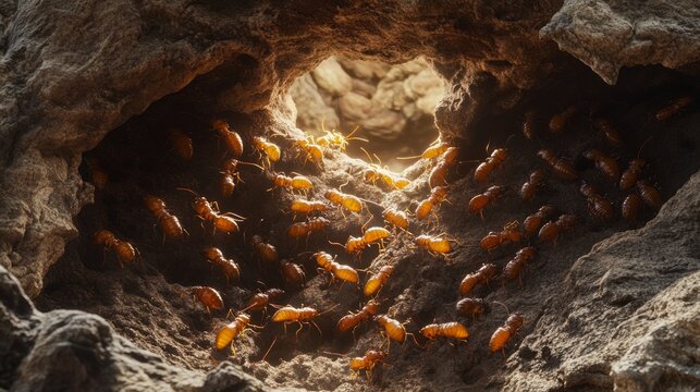 Underground burrow network teeming with termites and their queen