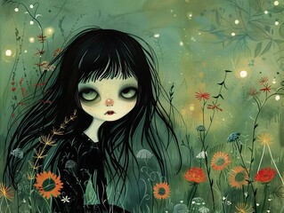 A young girl with long black hair stands in a field of flowers with a dreamy, ethereal quality.