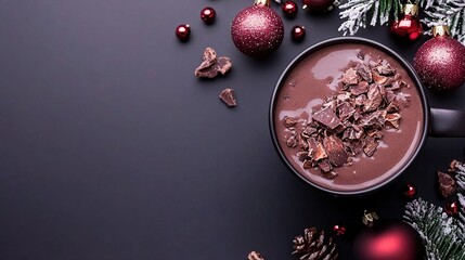   A dark background shows off the red bauble in a cup of hot chocolate surrounded by Christmas decorations and baubles