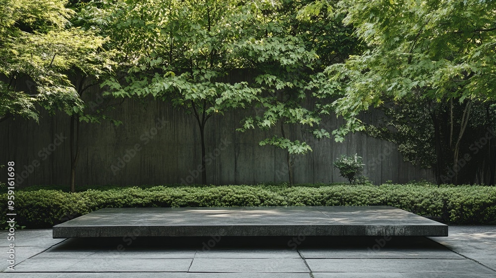 Poster stone platform with green foliage and trees in a minimalist setting