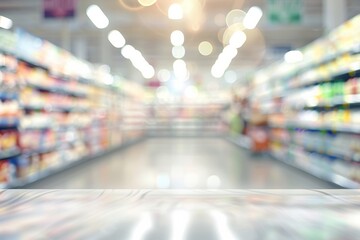Obraz premium Blurry supermarket scene with bokeh lights, evoking a relaxed shopping experience.