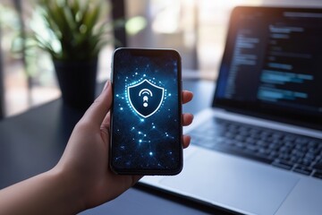 Smartphone cybersecurity concept with digital shield icon in office setting
