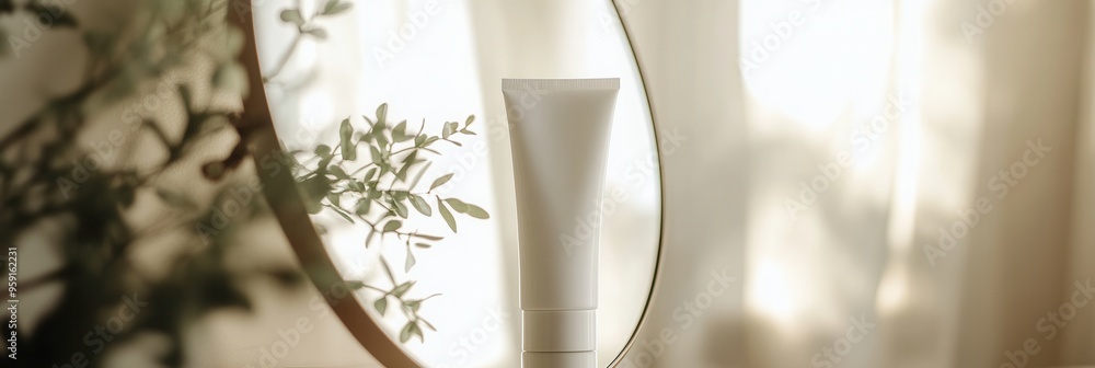 Poster a tube of cream stands prominently in front of a mirror, showcasing a soft reflection amidst gentle 