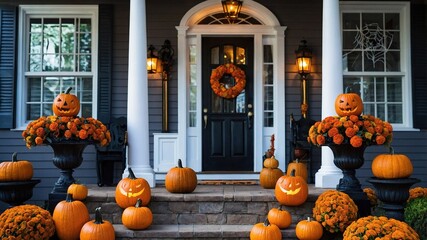 Obraz premium Entrada de una casa decorada para Halloween, día de todos los santos. Con iluminación anaranjada y calabazas en el suelo.