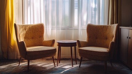 two chairs and a table in a room