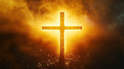 Fototapeta premium The cross of the Lord bathed in golden rays of the sun, symbolizing faith, hope, and spiritual awakening.