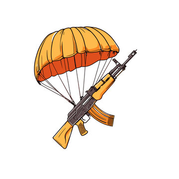 vector kalashnikov on parachute on white background .Generative AI