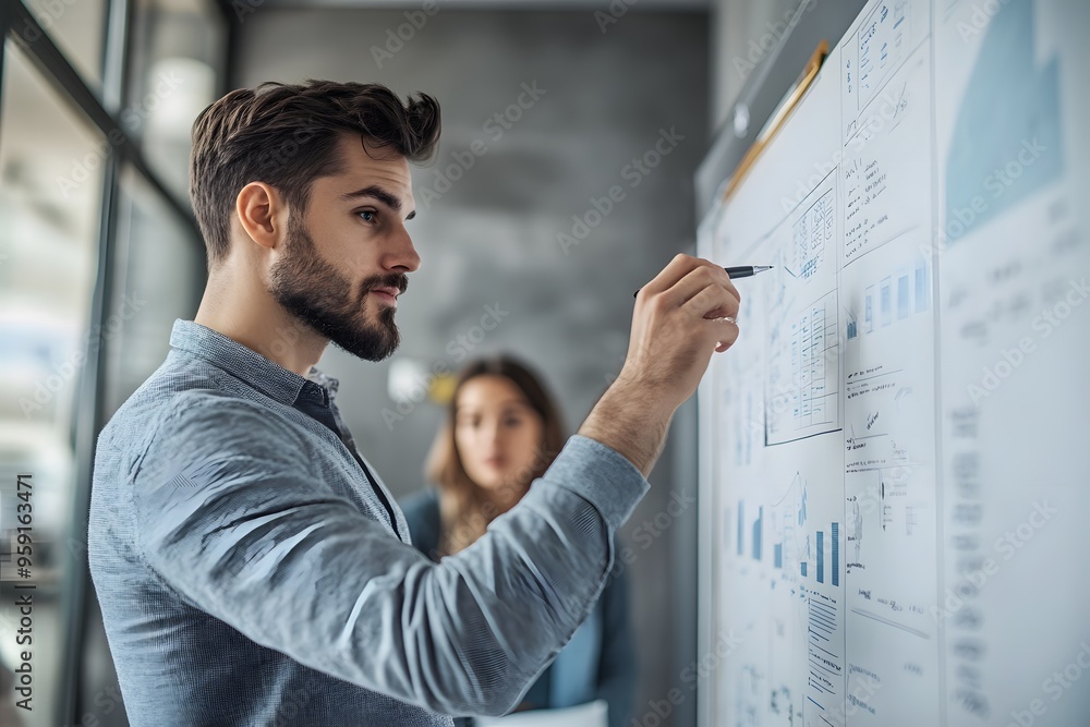 Aufkleber man explaining business data on whiteboard to colleague