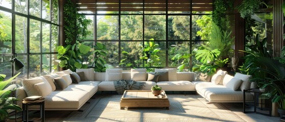 Fototapeta premium Relaxing Minimalist Living Room with Tropical Views