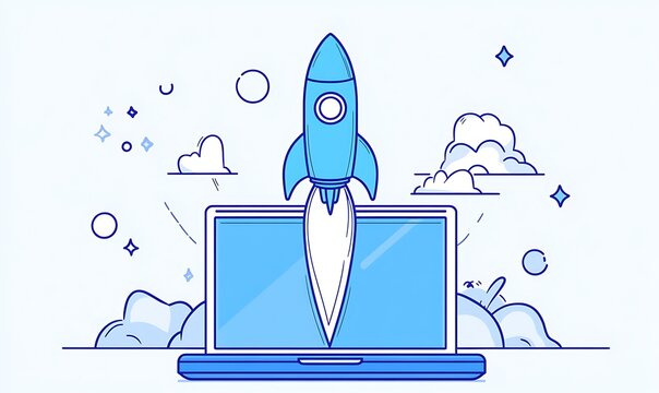 recommend clip art: Blue Rocket Launching from Open Laptop Screen