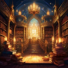 Obraz premium An ancient, magical library with towering bookshelves, enchanted books glowing softly