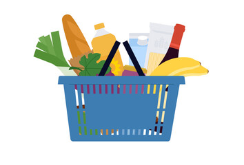 Dairy products, vegetable, bread in shopping basket. Blue supermarket basket is filled of groceries. Plastic grocery hamper with handles. Buying food, purchase of products. Simple vector illustration