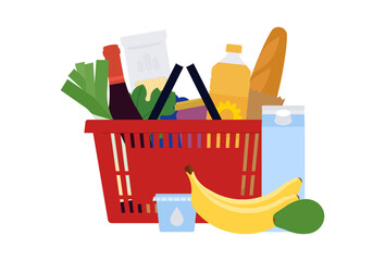 Dairy products, vegetable, bread in shopping basket. Red supermarket basket is filled of groceries. Plastic grocery hamper with handles. Concept of buying food. Simple vector illustration. Isolated © Atlas Illustrations