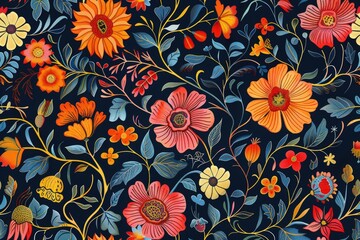 Vibrant Floral Tapestry with Sunflowers and Blue Leaves