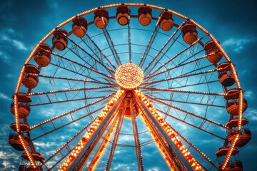 A Ferris wheel with lights, against a blue sky background Generative AI
