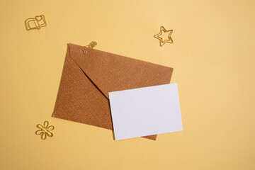 Paper envelopes on a light background. New mail, write a message. Send and receive mail. Postal delivery service. Empty envelope, empty space. Communication with people, paperwork. Envelope close-up
