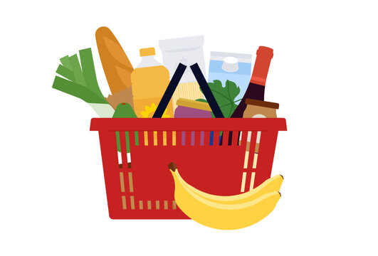 Supermarket basket is filled of groceries. Dairy products, vegetable, bread in shopping basket. Red plastic grocery hamper with handles. Concept of buying food. Simple vector illustration. Isolated