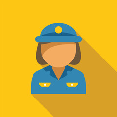Female police officer character wearing blue uniform with long shadow on yellow background