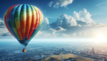 Obraz premium Colorful Hot Air Balloon Over Urban Horizon