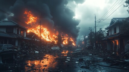 巨大地震による日本家屋の倒壊