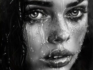 A close-up portrait of a woman's face with water droplets on her skin and hair, creating a dreamy and ethereal effect