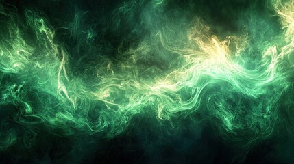 Fiery green swirls with dramatic flair on a dark backdrop, abstract design, ample copy space for text.