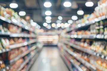 Blurred supermarket interior with bokeh effect, creating a calm shopping vibe.