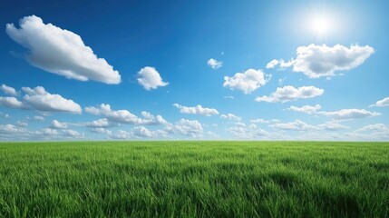 Fototapeta premium Vast field of green grass under a bright blue sky dotted with fluffy white clouds. Tranquil and serene landscape.
