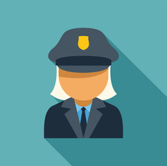 Flat vector illustration of a female police officer wearing a uniform and hat, isolated on a blue background