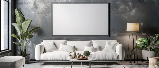 Stylish Minimalist Living Room with White Sofa and Empty Frame